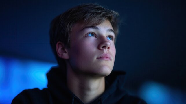 A young male teenager gazes thoughtfully into the distance, illuminated by soft blue light. The mood is introspective and calm, suitable for various themes.