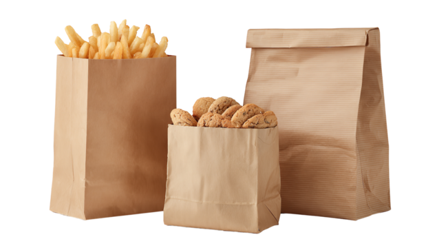 Three brown paper bags filled with delicious french fries and fresh bread rolls, ready for takeaway.