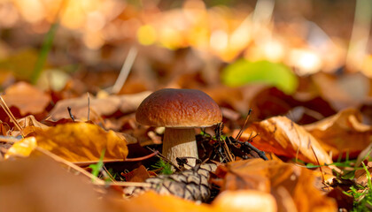 Brown mushroom on fallen leaves during autumn season in forest environment