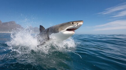 Fototapeta premium A great white shark breaches the surface of the ocean, creating splashes. The scene captures the power and grace of this marine predator in its natural habitat.