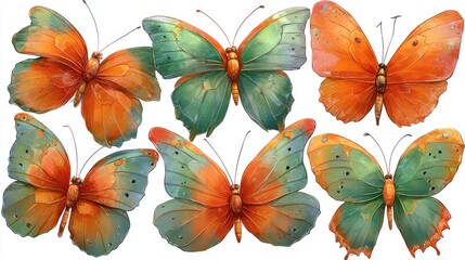 Obraz premium Six watercolor butterflies, orange and green hues