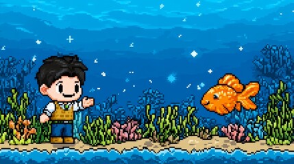 Naklejka premium Pixelated Avatar Interacting With a Goldfish in a Vibrant Underwater Scene