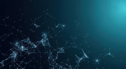 Abstract dark blue teal nebula cluster with glowing particles and geometric network structure