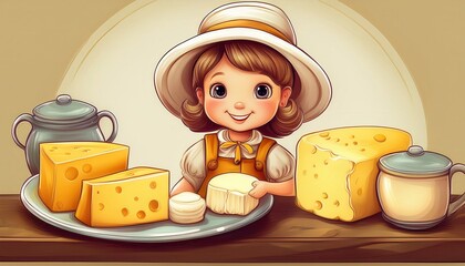 Elegant and simple cartoon logo featuring cheese and butter with a joyful character in a warm setting
