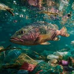 Fototapeta premium A Delicate Fish Floating in Microplastic-Contaminated Water, Highlighting Environmental Pollution and Marine Life Risk