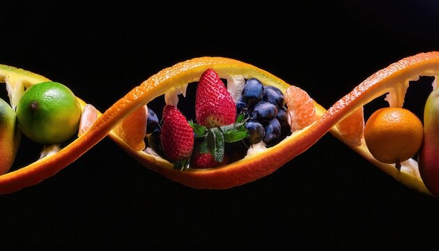 Vivid firefly macro shot reveals DNA string created with tropical fruits on pure black background