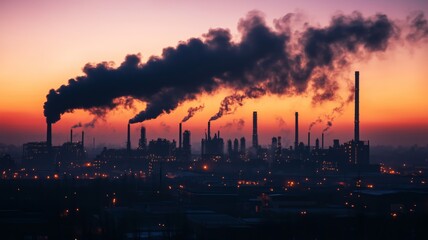 Fototapeta premium Industrial landscape at sunset with smokestacks releasing dark fumes against a colorful sky