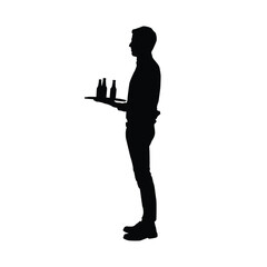 Silhouette of a Waiter Carrying a Tray with Bottles