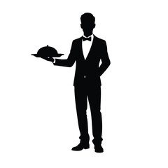Silhouette of a Waiter Holding a Covered Serving Tray