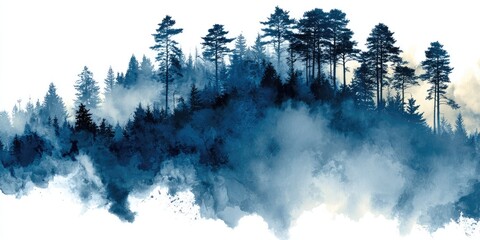 Misty blue forest silhouette on white