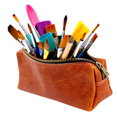 Open Brown Leather Pencil Case Overflowing with an Assortment of Colorful Paintbrushes
