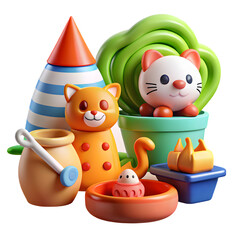"A playful cartoon-style illustration of various objects and animals, including a crocodile, a toy sailboat, drums, a roll of paper, a mat, a cat in a basket, a tiger cub, a potted plant, a penguin, a