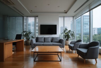 Fototapeta premium Minimalist Office Reception Area, Urban View Background