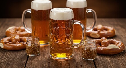 Frothy Beer Mugs, Pretzels, Mustard: A Rustic Feast on Wooden Table