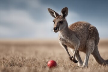 Fototapeta premium A kangaroo interacts with a red ball in a dry, grassy field under a cloudy sky. The scene captures a playful moment in nature.