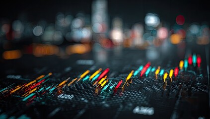 Financial data chart, city lights bokeh
