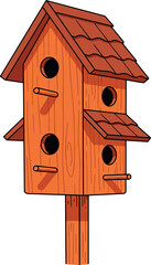 Charming wooden birdhouse with multiple entrances attached to a sturdy pole in an outdoor setting vector