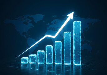 Digital Growth Bar Chart with Upward Arrow and World Map Background - Business and Financial Success