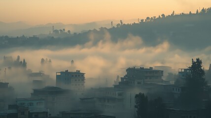Naklejka premium Fog envelops a city under the morning sun creating a serene atmosphere in an urban landscape
