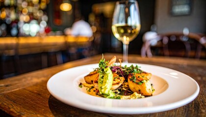 A gourmet dish featuring beautifully plated food with a glass of white wine, set against a cozy...