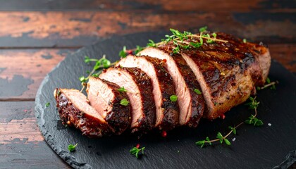 A beautifully plated slice of roasted meat garnished with fresh herbs, showcasing a rich, flavorful crust on a dark slate surface.