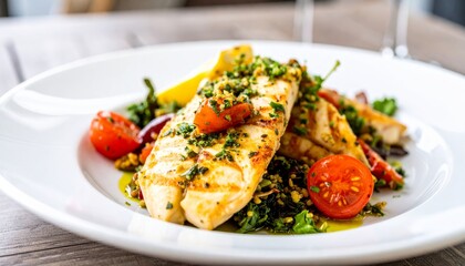 A beautifully plated fish dish garnished with herbs, served alongside cherry tomatoes and a colorful salad, showcasing vibrant culinary presentation.
