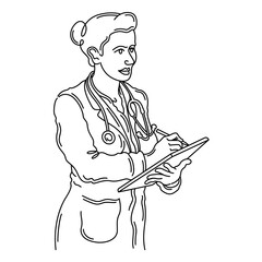 General practitioner. Female doctor.Medicine. Doctor.Line art isolated icon symbol.Drawing vector illustration.