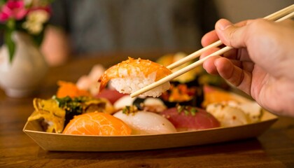 A hand holds sushi with chopsticks above a beautifully arranged platter of various sushi pieces, highlighting vibrant colors and textures.