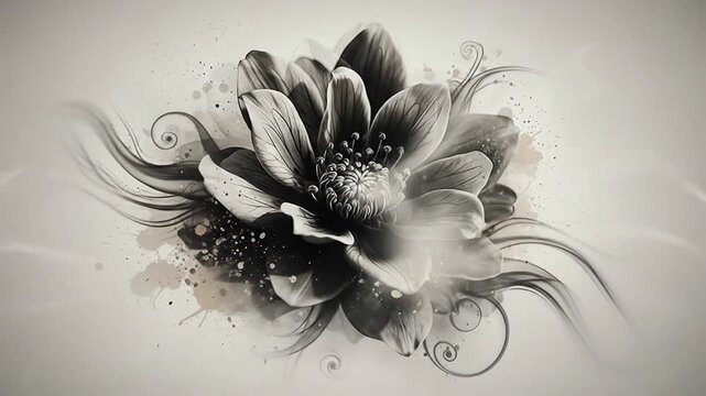 A black and white artistic depiction of a lotus flower.
