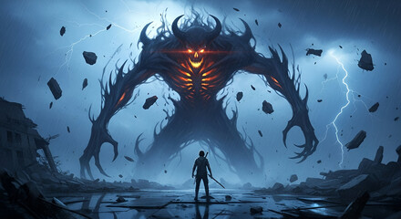 Colossal Shadow Demon Emerging from Rift over Desolate Wasteland Facing Lone Figure