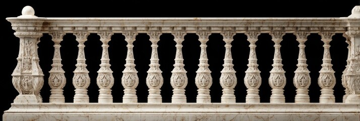 Elegant stone balustrade with ornate columns and detailed carvings, set against a black background