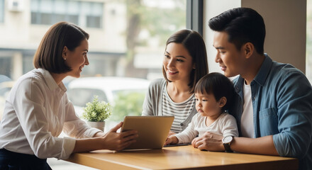 Professional Advisor Discussing Future Plans with Young Family on Tablet