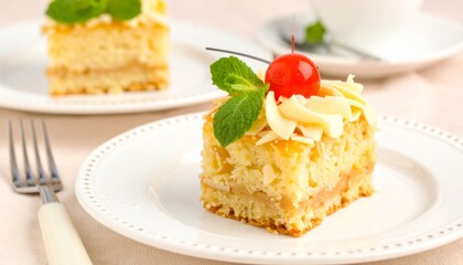 A beautifully plated slice of cake topped with cream, cherries, and mint, alongside another slice and a cup, exuding a delightful dessert presentation.