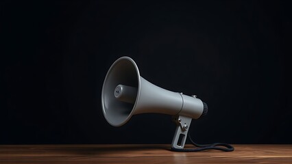 Megaphone placed on a wooden surface against a dark background.