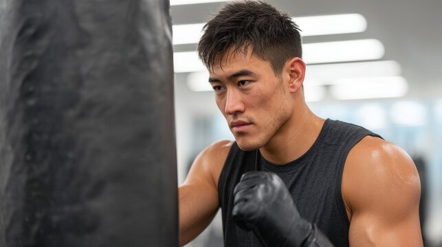A determined male boxer practices his punches on a heavy bag in a modern gym. The atmosphere is intense and focused, showcasing dedication to fitness.