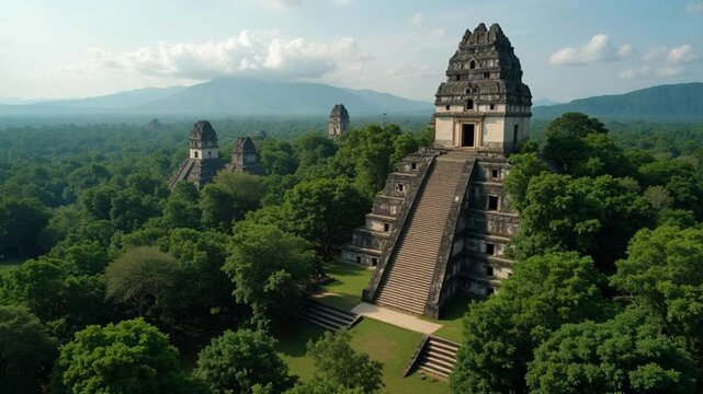 Stunning aerial view of Tikal Guatemala with temple pyramids rising above lush rainforest canopy and misty tropical sky in 4k video.