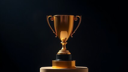 A gleaming gold trophy displayed on a pedestal, highlighted by dramatic studio lighting against darkness.