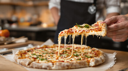Delicious Cheese Pizza Slice Being Lifted