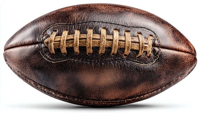 Vintage football, aged brown leather, stitched seams