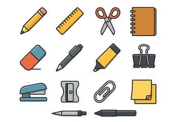 Colored school supplies collection: pencil, ruler, scissors, notebook, eraser, pen, highlighter