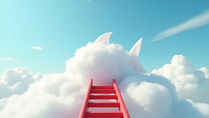 A vibrant red staircase leads upward to a fluffy white cloud, adorned with a fish with wings, against a serene light blue sky.