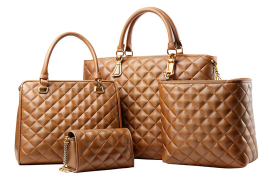 Luxury 3pcs Women’s Quilted Bag Set – Shoulder Bag, Tote, Clutch & Scarf in Camel Brownish Red – Ultra HD 8K Mockup Isolated No Background.