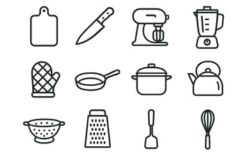 Collection of kitchen utensil icons featuring knife, mixer, blender, and more