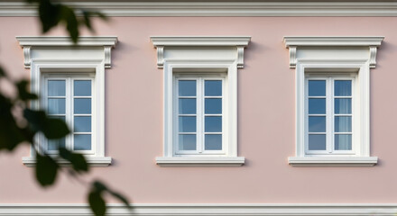 Three elegant white framed windows on a pale pink building with architectural details