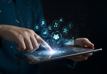 Innovative Technology and Data Visualization Person Using Tablet with Digital Icons, Business Analytics, and Financial Charts.