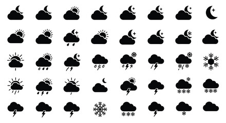 Collection of various weather icons in black silhouette on white background