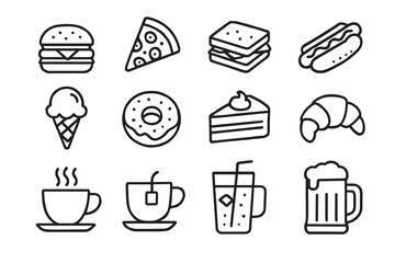 Collection of popular food and drink icons including burger, pizza, coffee, and beer