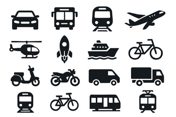 Fototapeta premium Variety of transportation icons: car, bus, train, airplane, helicopter, rocket, ship, bicycle, scooter, motorcycle, van, tram