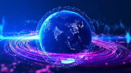 Animated digital globe with glowing lines and particles, technology and data visualization - Powered by Adobe