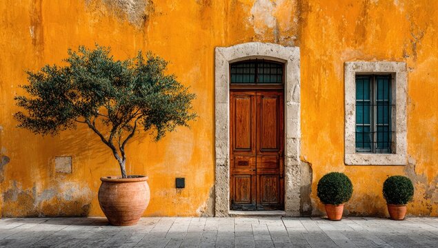 Old, ochre-hued building facade with olive tree and wooden door - Powered by Adobe